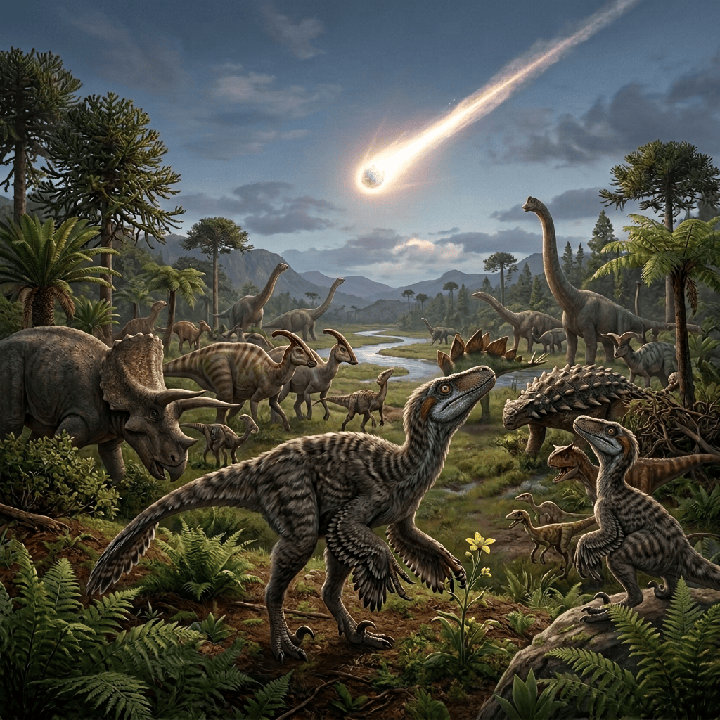 Feathered dinosaur among diverse dinosaurs beneath a streaking meteor