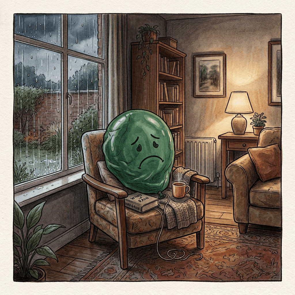 Sad anthropomorphic green fruit sitting in an armchair beside a rainy window