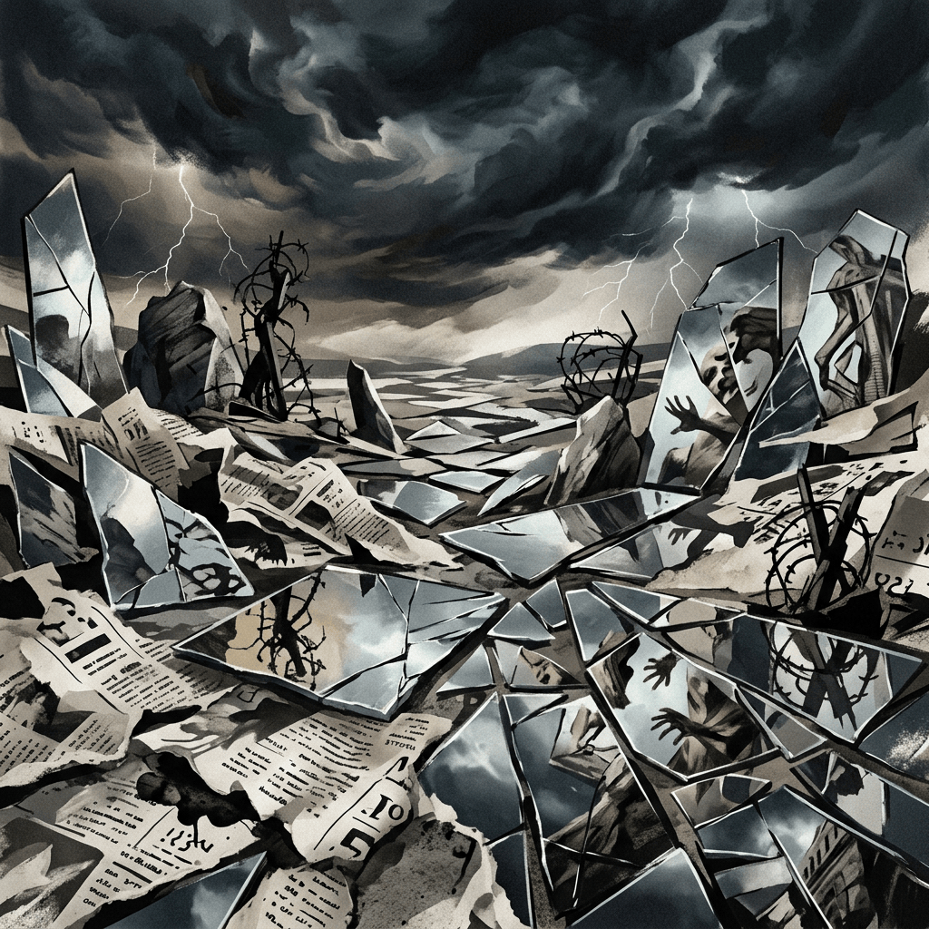 Shattered newspapers and mirrors beneath storm clouds with lightning and barbed wire
