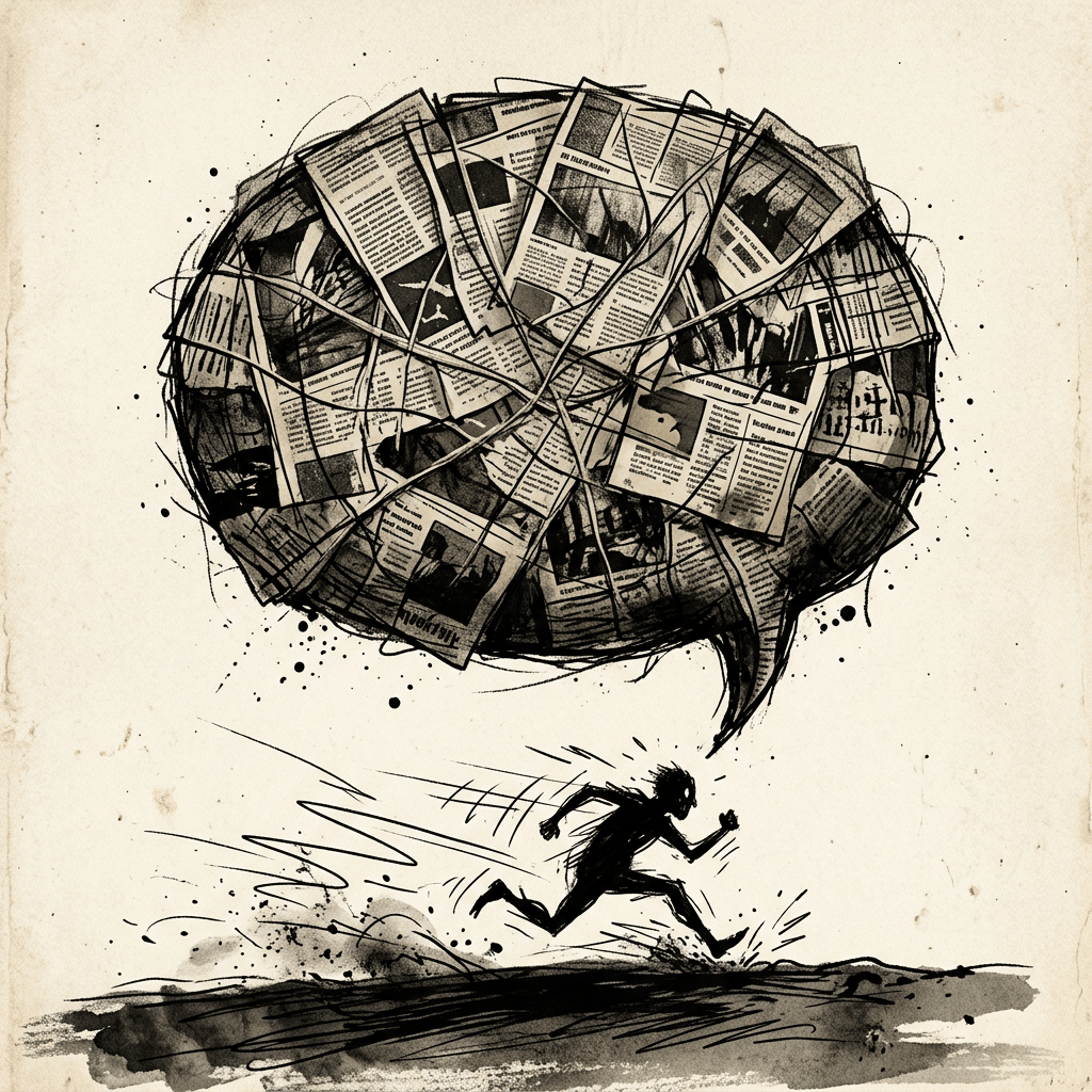 Silhouette of a runner fleeing beneath a large newspaper cloud