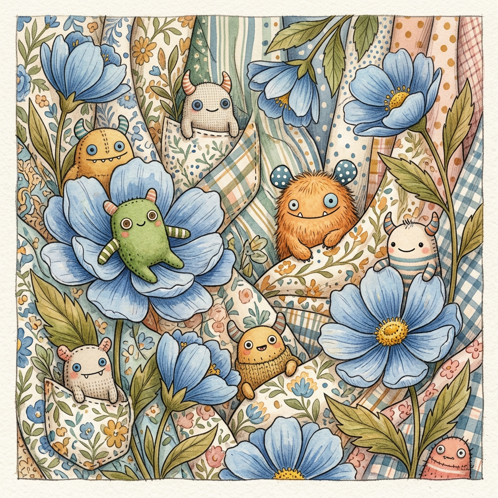 Colorful floral patchwork featuring smiling horned monsters and large blue flowers