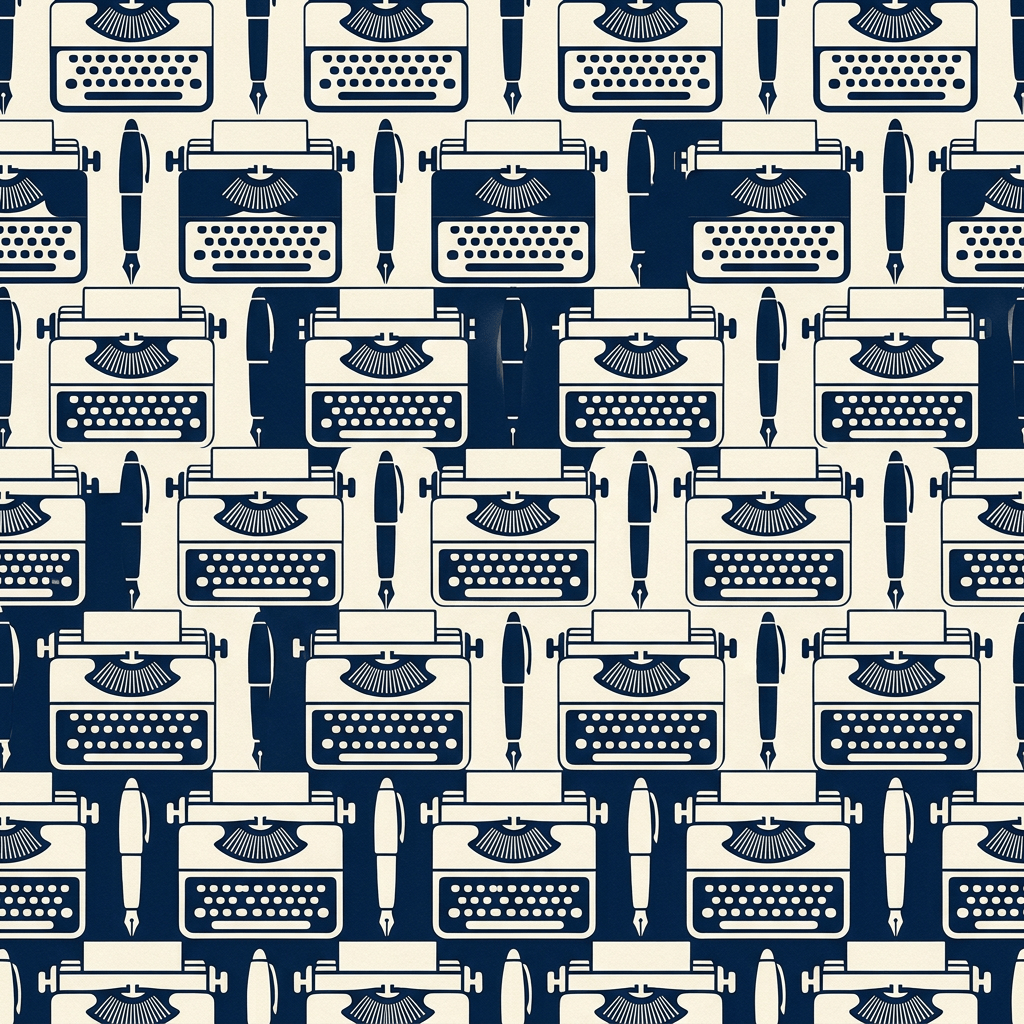 Repeating navy and cream pattern of vintage typewriters