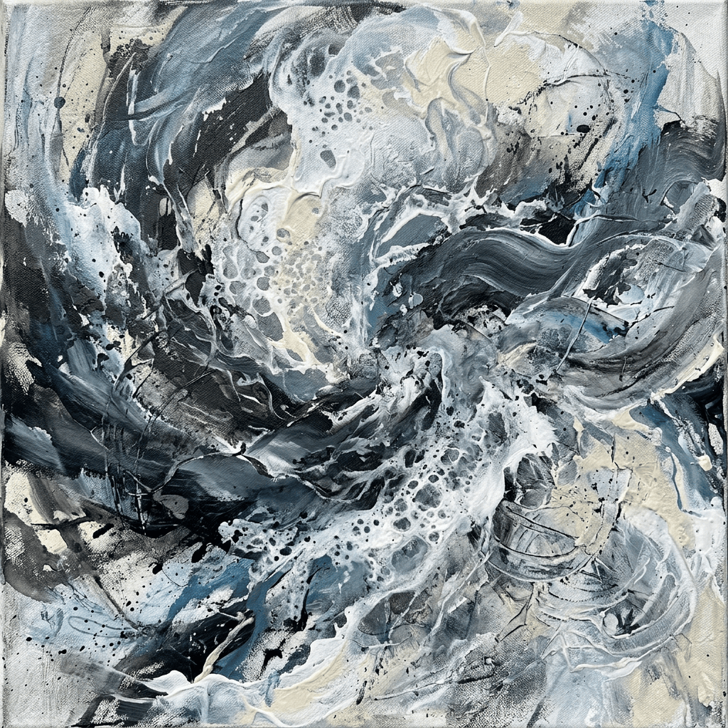 Abstract painting of swirling blue-gray, black, and ivory forms