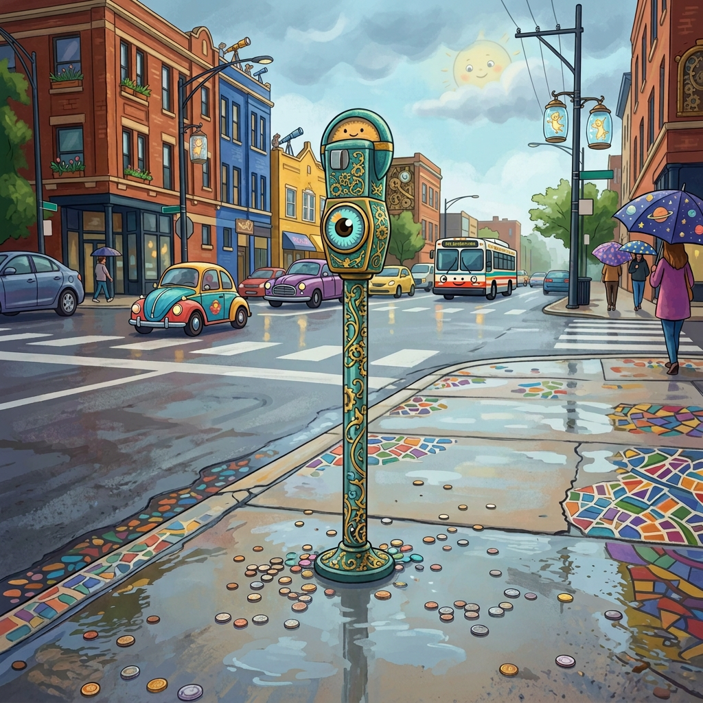 Ornate smiling robot parking meter on a rainy city street with buses, cars, umbrellas, and mosaic sidewalks