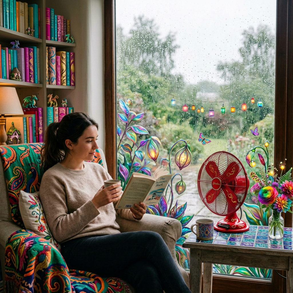Woman reading a book and holding tea beside a rain-streaked window