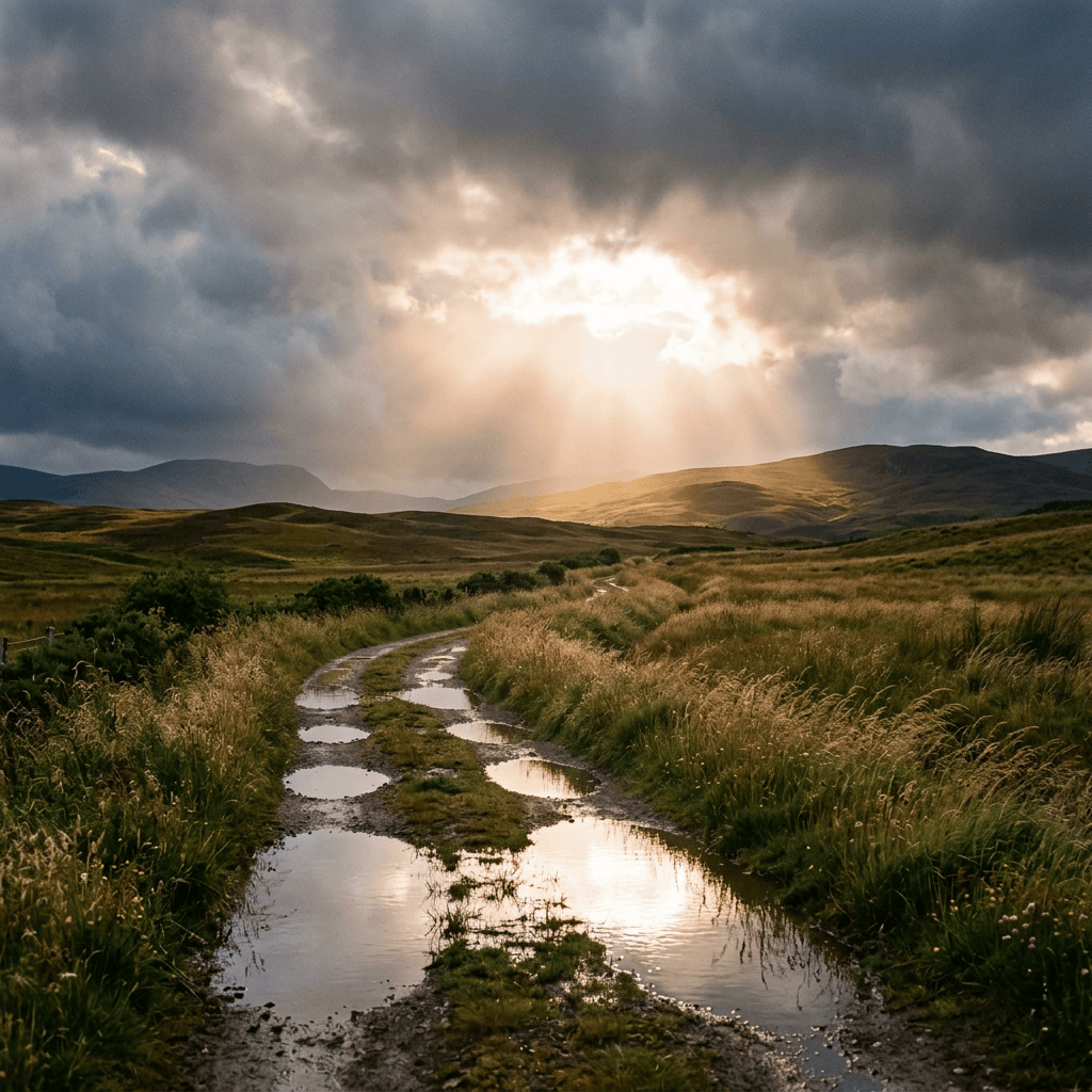 Muddy trail with puddles winding through grassy hills beneath storm clouds