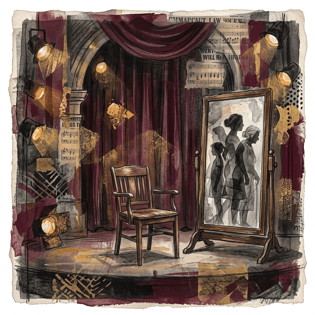 Vintage stage with an empty wooden chair, lights, curtains, and framed performers