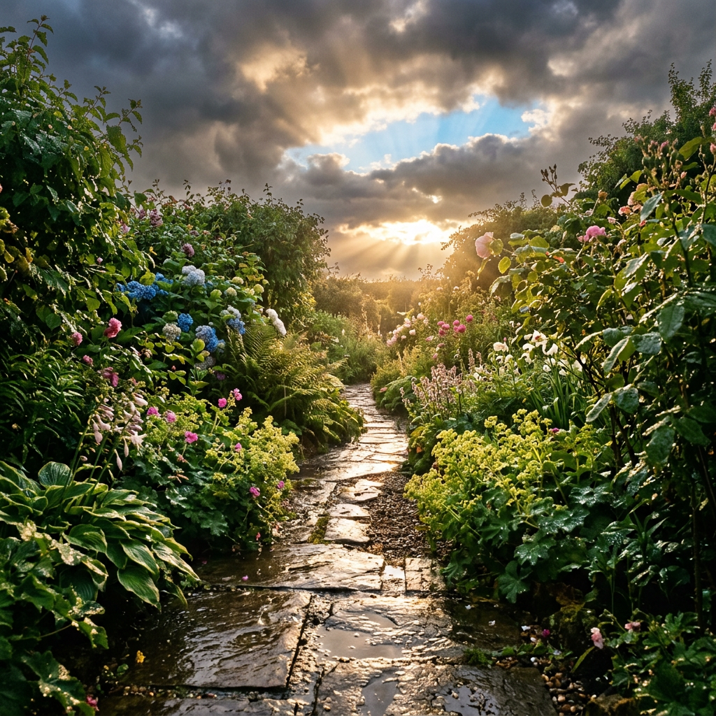 Rain-wet stone path winding through a flower-filled garden beneath sunlit clouds