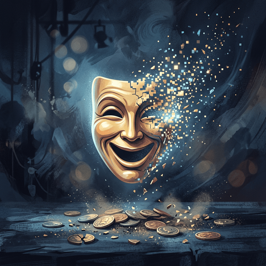 Smiling theatrical mask dissolving into glowing fragments above scattered coins on a dark stage.