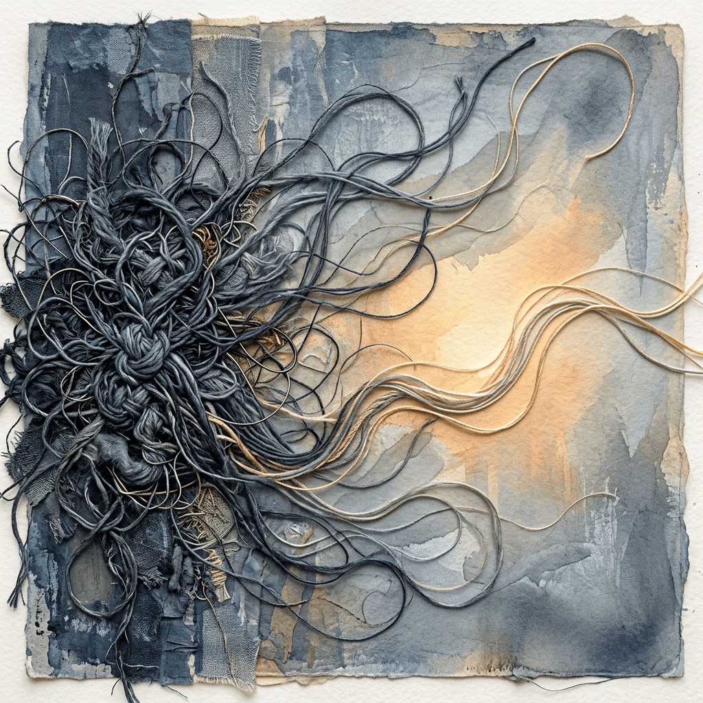 Tangled blue, gray, and gold threads over a muted watercolor textile background