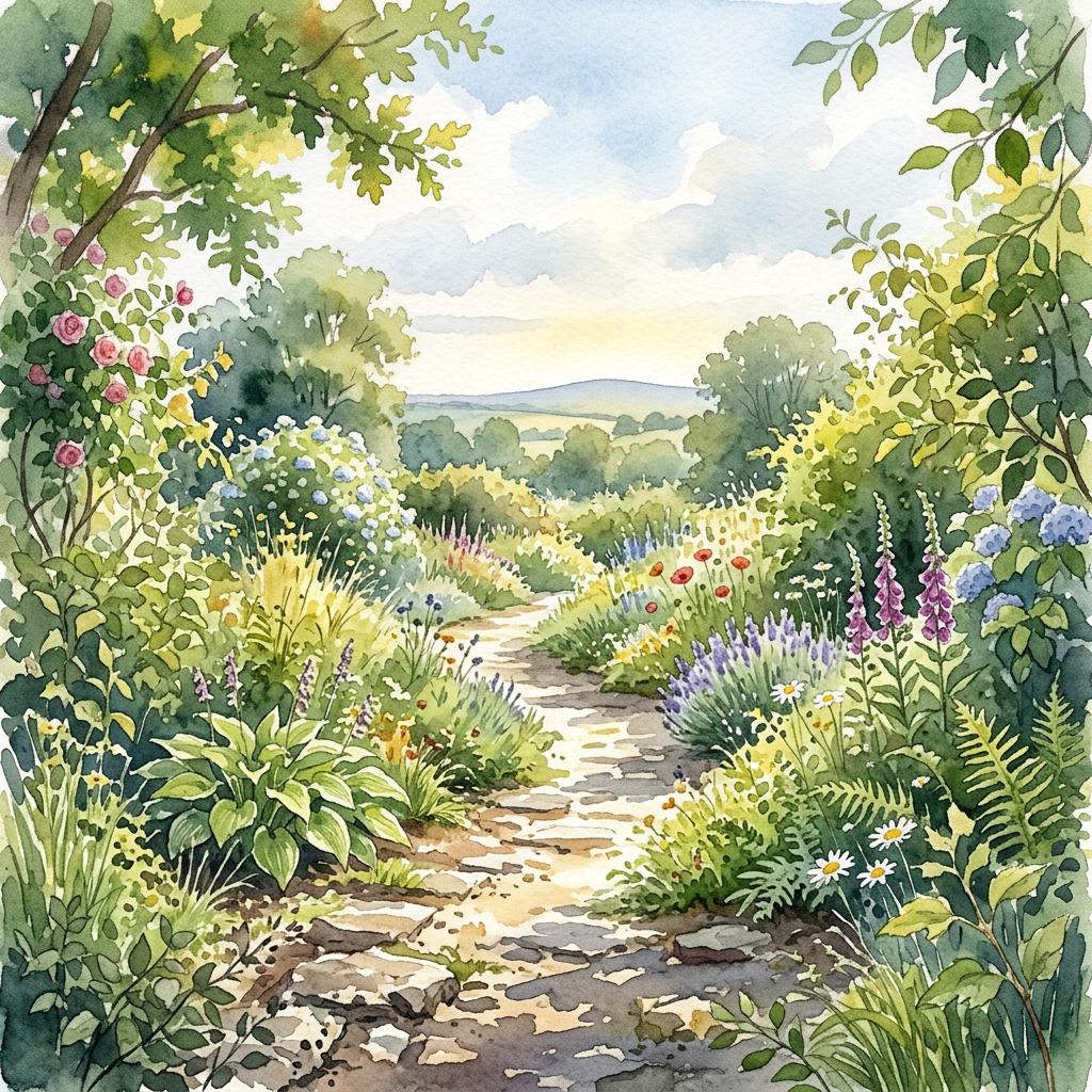 Winding path through a colorful flower garden with distant hills