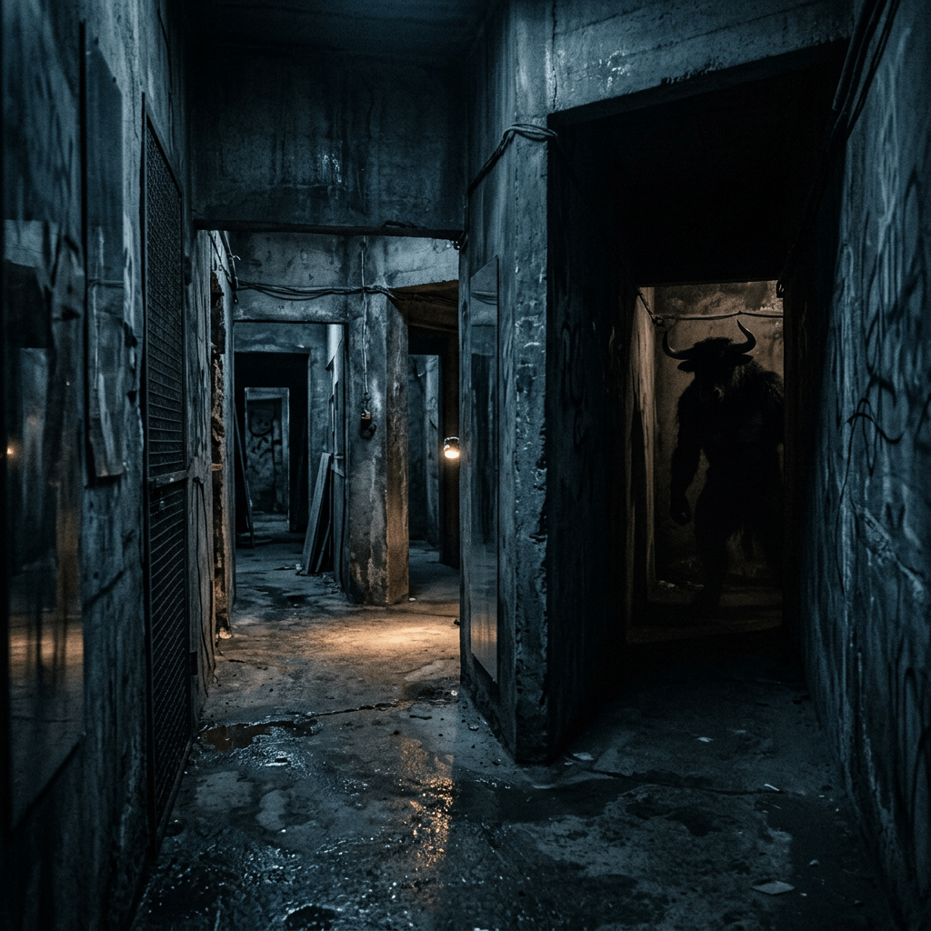 Shadowy horned figure standing in a dark abandoned corridor