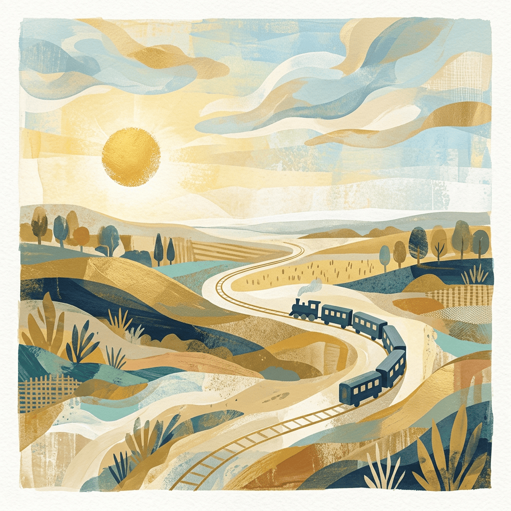 Blue train winding through rolling countryside beneath a setting sun