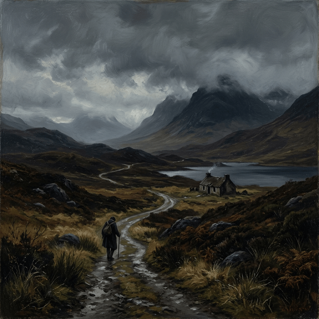 Lone traveler walking toward a cottage beside a mountain lake